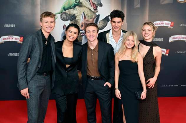 Leonard Conrads, Tomomi Themann, Luis Vorbach, Loris Sichrovsky, Emilia Pieske und Emilia Maier bei der Premiere des Kinofilms Die Schule der magischen Tiere 4 im Mathäser Filmpalast. München, 12.09.2025