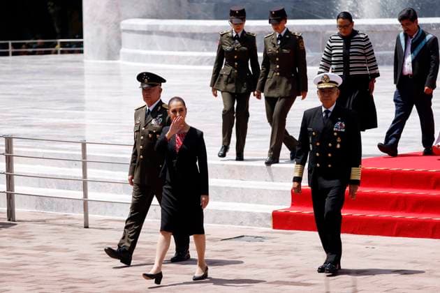 Ceremony Commemorative For The 178th Anniversary of The Ninos Heroes (L-R) Minister of Mexican National Defense, Ricardo Trevilla Trejo, Mexico s President Claudia Sheinbaum Pardo and the Minister of the Mexico s Navy, Raymundo Morales Angeles, leave after the commemorative ceremony for the 178th anniversary of the Ninos Heroes of Chapultepec at the Altar of the Fatherland in the Castillo de Chapultepec. on September 13, 2025 in Mexico City, Mexico. (Photo by Luis Barron Eyepix Group) Copyright: xLuisxBarronx xEyepixxGroupx LB_13092025_170208