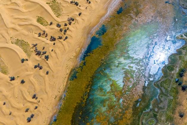 ALXA, CHINA - SEPTEMBER 13: Aerial view of Swan Lake nestled in Tennger Desert on September 13, 2025 in Alxa League, Inner Mongolia of China.  Copyright: xVCGx 111590633493