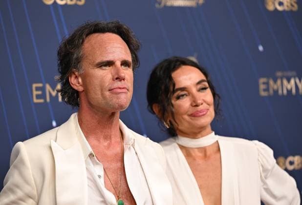 (L-R) Walton Goggins and Nadia Conners arrive for the 77th annual Primetime Emmy Awards at the Peacock Theater in Los Angeles on Sunday, September 14, 2025.  LAP2025091410 CHISxCHEW