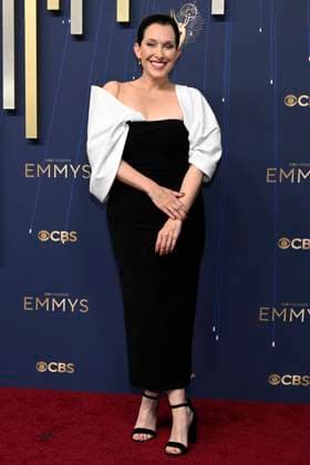 Jessica Rhoades from Black Mirror arrives on the red carpet before the 77th annual Primetime Emmy Awards at the Peacock Theater in Los Angeles on Sunday, September 14, 2025.  LAP20250914706 JohnxMcCoy