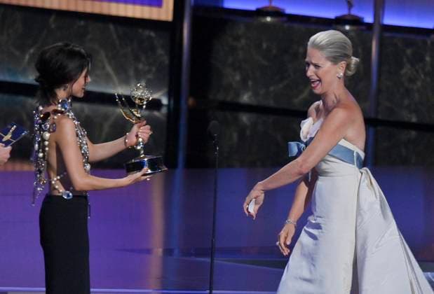 Katherine LaNasa accepts the Outstanding Supporting Actress in a Drama Series award for The Pitt at the 77th annual Primetime Emmy Awards at the Peacock Theater in Los Angeles on Sunday, September 14, 2025.  LAP202509142020 JIMxRUYMEN
