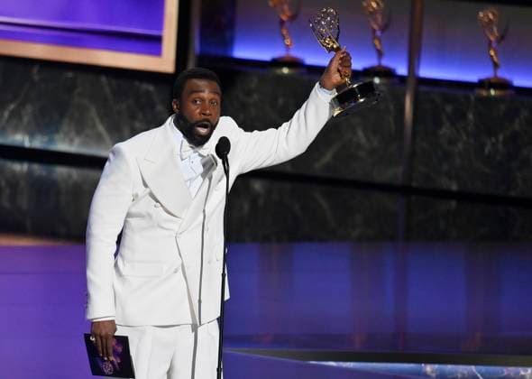 Tramell Tillman accepts the Outstanding Supporting Actor in a Drama Series award for Severance at the 77th annual Primetime Emmy Awards at the Peacock Theater in Los Angeles on Sunday, September 14, 2025.  LAP202509142031 JIMxRUYMEN