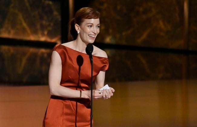 Britt Lower accepts the Outstanding Lead Actress in a Drama Series award for Severance onstage at the 77th annual Primetime Emmy Awards at the Peacock Theater in Los Angeles on Sunday, September 14, 2025.  LAP202509142050 JIMxRUYMEN