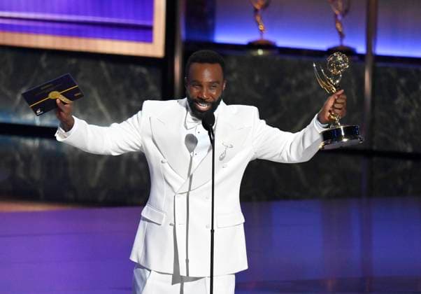Tramell Tillman accepts the Outstanding Supporting Actor in a Drama Series award for Severance at the 77th annual Primetime Emmy Awards at the Peacock Theater in Los Angeles on Sunday, September 14, 2025.  LAP20250914203311 JIMxRUYMEN