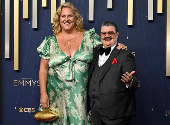 Bridget Everett and Murray Hill arrive for the 77th annual Primetime Emmy Awards at the Peacock Theater in Los Angeles on Sunday, September 14, 2025.  LAP20250914722 JohnxMcCoy