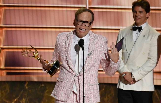 Jeff Hiller accepts the Outstanding Supporting Actor in a Comedy Series award for Somebody Somewhere onstage at the 77th annual Primetime Emmy Awards at the Peacock Theater in Los Angeles on Sunday, September 14, 2025.  LAP202509148021 JIMxRUYMEN