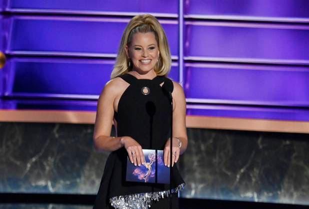 Elizabeth Banks speaks onstage at the 77th annual Primetime Emmy Awards at the Peacock Theater in Los Angeles on Sunday, September 14, 2025.  LAP202509148003 JIMxRUYMEN