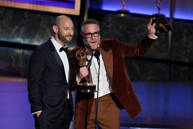 Evan Goldberg and Seth Rogen accept the Outstanding Directing For a Comedy Series award for The Studio onstage at the 77th annual Primetime Emmy Awards at the Peacock Theater in Los Angeles on Sunday, September 14, 2025.  LAP202509148043 JIMxRUYMEN