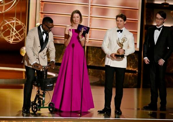 Sterling K. Brown, Julianne Nicholson, and James Marsden speak at the 77th annual Primetime Emmy Awards at the Peacock Theater in Los Angeles on Sunday, September 14, 2025.  LAP2025091480490 JIMxRUYMEN
