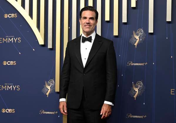 Rob Delaney, nominee for Outstanding Supporting Actor in a Limited or Anthology Series or Movie, for his roll in Dying for Sex, arrives for the 77th annual Primetime Emmy Awards at the Peacock Theater in Los Angeles on Sunday, September 14, 2025.  LAP20250914746 JohnxMcCoy