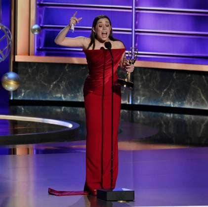 Cristin Milioti accepts the Outstanding Lead Actress in a Limited or Anthology Series or Movie award for The Penguin onstage at the 77th annual Primetime Emmy Awards at the Peacock Theater in Los Angeles on Sunday, September 14, 2025.  LAP202509143018 JIMxRUYMEN