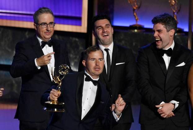 Daniel O Brien accepts the Outstanding Writing for a Variety Series award for Last Week Tonight with John Oliver onstage at the 77th annual Primetime Emmy Awards at the Peacock Theater in Los Angeles on Sunday, September 14, 2025.  LAP202509143031 JIMxRUYMEN
