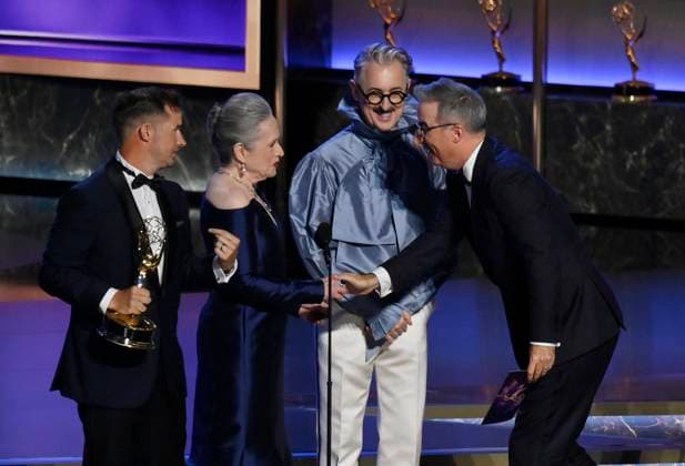 Daniel O Brien accepts the Outstanding Writing for a Variety Series award for Last Week Tonight with John Oliver onstage at the 77th annual Primetime Emmy Awards at the Peacock Theater in Los Angeles on Sunday, September 14, 2025.  LAP202509143035 JIMxRUYMEN