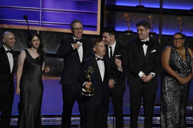 Daniel O Brien accepts the Outstanding Writing for a Variety Series award for Last Week Tonight with John Oliver onstage at the 77th annual Primetime Emmy Awards at the Peacock Theater in Los Angeles on Sunday, September 14, 2025.  LAP202509143030 JIMxRUYMEN