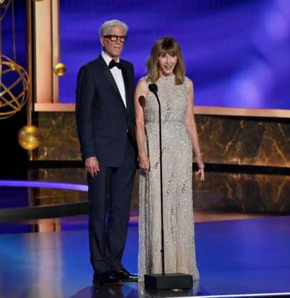 Ted Danson & Mary Steenburgen speak onstage at the 77th annual Primetime Emmy Awards at the Peacock Theater in Los Angeles on Sunday, September 14, 2025.  LAP202509143045 JIMxRUYMEN