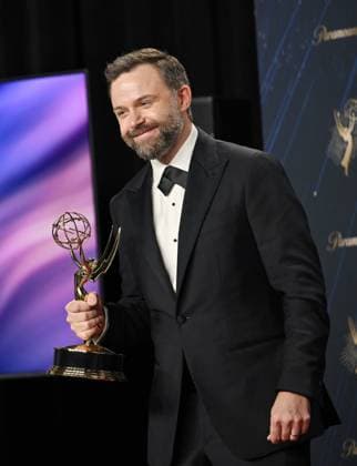 Philip Barantini holds the Emmy for Outstanding Directing for a Limited or Anthology Series or Movie for Adolescence, backstage during the 77th annual Primetime Emmy Awards at the Peacock Theater in Los Angeles on Sunday, September 14, 2025.  LAP20250914199 CHISxCHEW