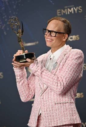 Jeff Hiller holds the Emmy for Outstanding Supporting Actor in a Comedy Series for Somebody Somewhere, backstage during the 77th annual Primetime Emmy Awards at the Peacock Theater in Los Angeles on Sunday, September 14, 2025.  LAP20250914202 CHISxCHEW
