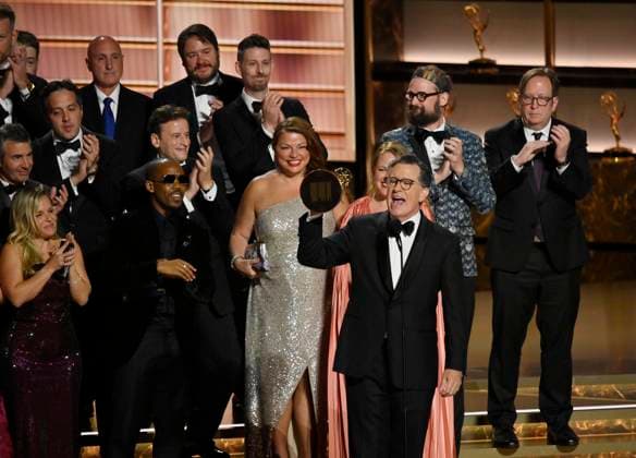 Stephen Colbert accepts the Outstanding Talk Series Award for The Late Show with Stephen Colbert onstage at the 77th annual Primetime Emmy Awards at the Peacock Theater in Los Angeles on Sunday, September 14, 2025.  LAP202509143065 JIMxRUYMEN