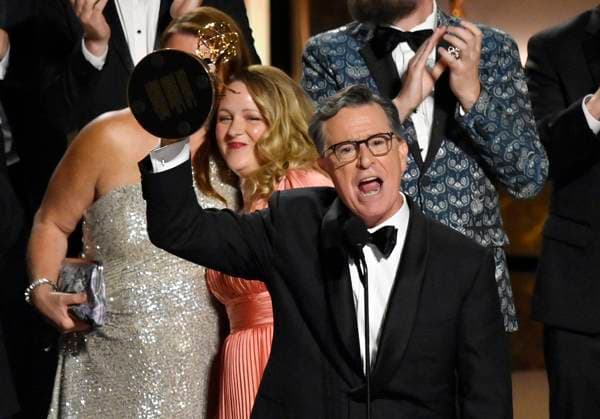 Stephen Colbert accepts the Outstanding Talk Series Award for The Late Show with Stephen Colbert onstage at the 77th annual Primetime Emmy Awards at the Peacock Theater in Los Angeles on Sunday, September 14, 2025.  LAP202509143066 JIMxRUYMEN