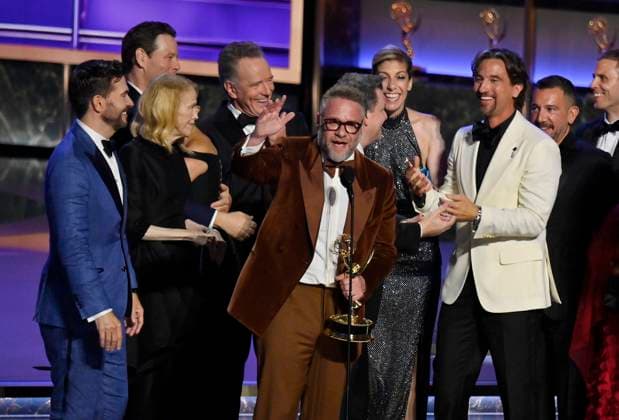 Seth Rogen accepts the Outstanding Comedy Series award for The Studio onstage at the 77th annual Primetime Emmy Awards at the Peacock Theater in Los Angeles on Sunday, September 14, 2025.  LAP202509145020 JIMxRUYMEN