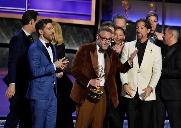 Seth Rogen accepts the Outstanding Comedy Series award for The Studio onstage at the 77th annual Primetime Emmy Awards at the Peacock Theater in Los Angeles on Sunday, September 14, 2025.  LAP202509145022 JIMxRUYMEN