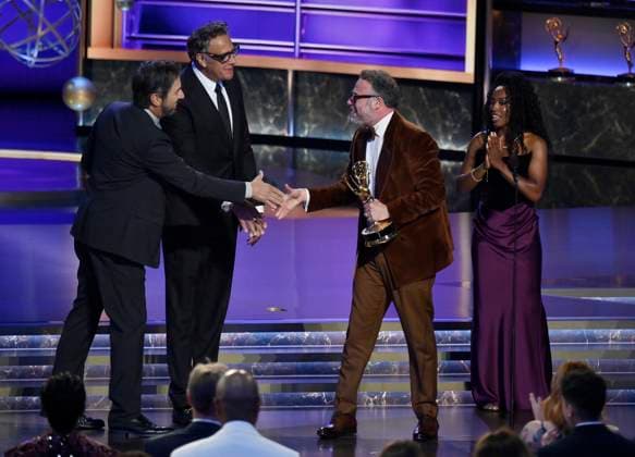 Seth Rogen accepts the Outstanding Comedy Series award for The Studio onstage at the 77th annual Primetime Emmy Awards at the Peacock Theater in Los Angeles on Sunday, September 14, 2025.  LAP202509145023 JIMxRUYMEN