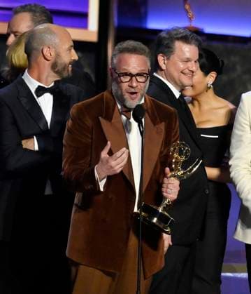 Seth Rogen accepts the Outstanding Comedy Series award for The Studio onstage at the 77th annual Primetime Emmy Awards at the Peacock Theater in Los Angeles on Sunday, September 14, 2025.  LAP202509145024 JIMxRUYMEN