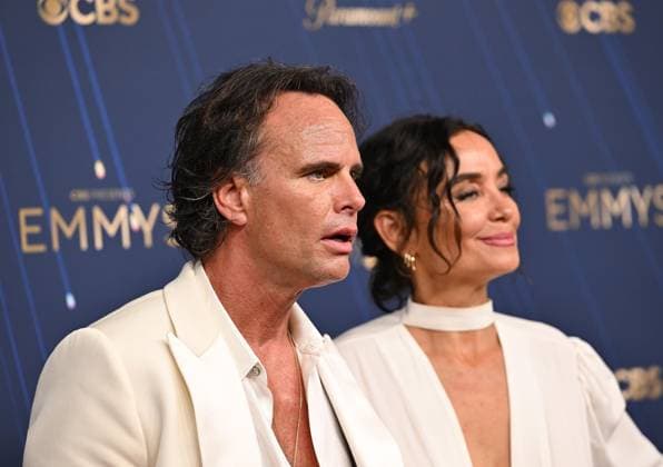 (L-R) Walton Goggins and Nadia Conners arrive for the 77th annual Primetime Emmy Awards at the Peacock Theater in Los Angeles on Sunday, September 14, 2025.  LAP20250914282 CHISxCHEW