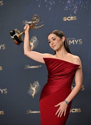 Cristin Milioti holds the Emmy for Lead Actress in a Limited or Anthology Series or Movie for The Penguin, backstage during the 77th annual Primetime Emmy Awards at the Peacock Theater in Los Angeles on Sunday, September 14, 2025.  LAP20250914291 CHISxCHEW