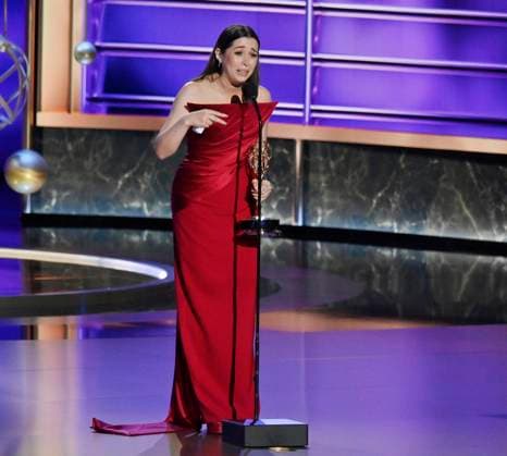 Cristin Milioti accepts the Outstanding Lead Actress in a Limited or Anthology Series or Movie award for The Penguin onstage at the 77th annual Primetime Emmy Awards at the Peacock Theater in Los Angeles on Sunday, September 14, 2025.  LAP202509148000 JIMxRUYMEN