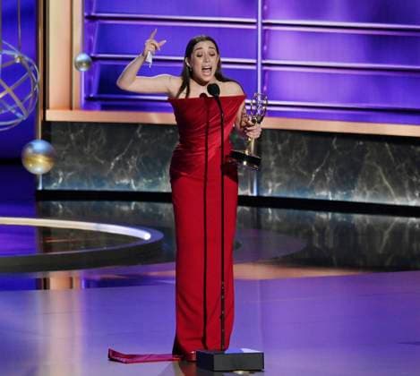 Cristin Milioti accepts the Outstanding Lead Actress in a Limited or Anthology Series or Movie award for The Penguin onstage at the 77th annual Primetime Emmy Awards at the Peacock Theater in Los Angeles on Sunday, September 14, 2025.  LAP202509149001 JIMxRUYMEN