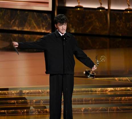 Owen Cooper accepts the Outstanding Supporting Actor in a Limited or Anthology Series or Movie award for Adolescence onstage at the 77th annual Primetime Emmy Awards at the Peacock Theater in Los Angeles on Sunday, September 14, 2025.  LAP20250914911 JIMxRUYMEN