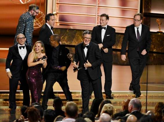 Stephen Colbert accepts the Outstanding Talk Series Award for The Late Show with Stephen Colbert onstage at the 77th annual Primetime Emmy Awards at the Peacock Theater in Los Angeles on Sunday, September 14, 2025.  LAP20250914922 JIMxRUYMEN