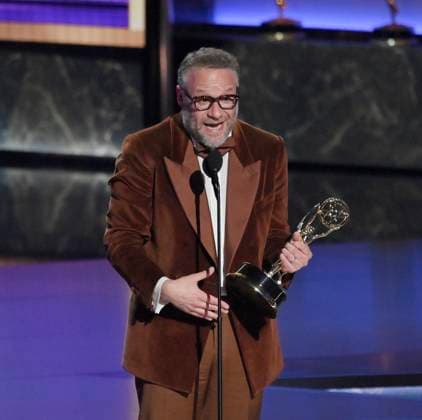 Seth Rogen accepts the Outstanding Lead Actor in a Comedy Series award for The Studio onstage at the 77th annual Primetime Emmy Awards at the Peacock Theater in Los Angeles on Sunday, September 14, 2025.  LAP20250914920 JIMxRUYMEN