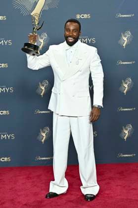 Tramell Tillman mit dem Emmy für den besten Nebendarsteller in der Drama-Serie Severance beim Preisträger-Photocall der 77. Primetime Emmy Awards 2025 im Peacock Theater. Los Angeles, 14.09.2025