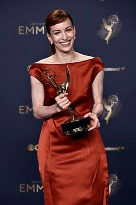 Britt Lower mit dem Emmy für die besten Hauptdarstellerin in der Drama-Serie Severance beim Preisträger-Photocall der 77. Primetime Emmy Awards 2025 im Peacock Theater. Los Angeles, 14.09.2025