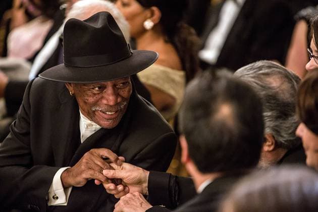 President Obama Attends Kennedy Center Honors Reception Dec. 2, 2012 - Washington, District of Columbia, United States of America - Actor Morgan Freeman greets another guest at the Kennedy Center Honors reception at the White House on December 2, 2012 in Washington, DC. The Kennedy Center Honors recognized seven individuals - Buddy Guy, Dustin Hoffman, David Letterman, Natalia Makarova, John Paul Jones, Jimmy Page, and Robert Plant - for their lifetime contributions to American culture through the performing arts. .Credit: Brendan Hoffman Pool via CNP Copyright: xBrendanxHoffmanx