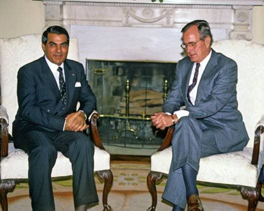 Bush Meets Ben Ali of Tunisia May 19, 2013 - Washington, District of Columbia, United States of America - United States President George H.W. Bush, right, meets President Zine El Abidine Ben Ali of Tunisia in the Oval Office of the White House in Washington, D.C. on November 16, 1989..Credit: Ron Sachs CNP Copyright: xRonxSachsx