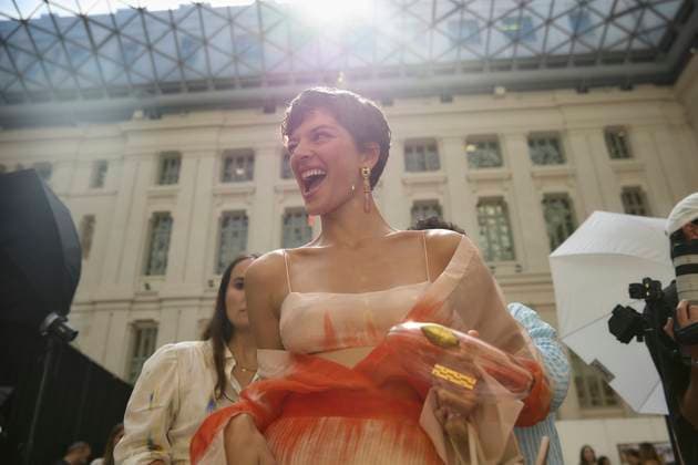 Pedro del Hierro fashion show at MBFW Madrid A model during the fashion show of designer Pedro del Hierro, at the 82nd edition of Mercedes Benz Fashion Week Madrid, at the Cibeles Palace, on September 17, 2025, in Madrid Spain This years edition is held from September 17 to 21 and commemorates the 40th anniversary of the runway Pedro del Hierro is a Spanish fashion brand for women and men, which adapts to the lifestyle and needs of society 17 SEPTEMBER 2025 Jesús Hellí Madrid Madrid Madrid Spain  Copyright: xJesusxHellinx 6961188