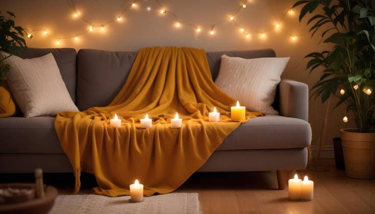 A warm and inviting living room scene with soft lighting, candles, and cozy comfort. A cozy scene featuring candles and warm lighting on a couch, creating a relaxing atmosphere for comfort and hygge., 96174648.jpg RECORD DATE NOT STATED