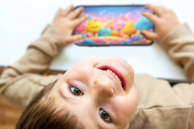 Germany - September 17, 2025: PHOTOMONTAGE, A child plays happily with a colorful smartphone app. The image combines digital leisure activities, entertainment, and the joyful use of modern technology in children s everyday lives. *** FOTOMONTAGE, Ein Kind spielt lachend mit einer bunten Smartphone-App. Das Bild verbindet digitale Freizeitgestaltung, Unterhaltung und die fröhliche Nutzung moderner Technik im Kinderalltag.