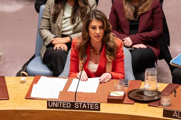September 18, 2025, New York, New York, USA: Deputy US Special Envoy to the Middle East Morgan Ortagus speaks during Security Council meeting on the situation in the Middle East as members vote on Palestinian-Israeli conflict draft resolution at UN Headquarters in New York, NY on September 18, 2025. 14 members of Security Council voted for and US voted against effectively vetoed resolution. New York USA - ZUMAr339 20250918_znp_r339_020 Copyright: xLevxRadinx