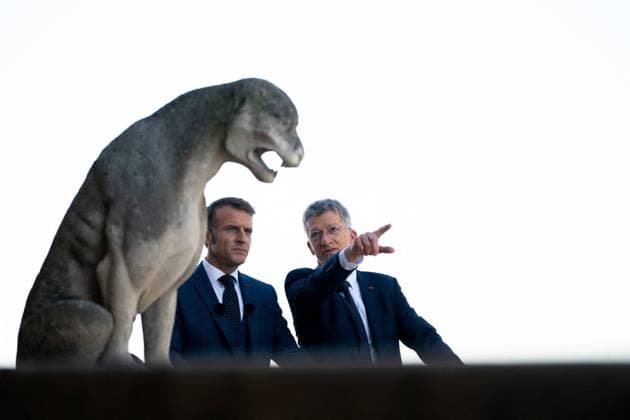 French President Emmanuel Macron and President of the Rebatir Notre Dame de Paris public establishment Philippe Jost during a visit to Notre Dame de Paris Cathedral for the inauguration ceremony of the new tour route of the Cathedral Towers Gothic structures destroyed following the April 2019 fire, as part of the 42nd edition of the European Heritage Days in Paris, France September 19, 2025 Jeanne Accorsini Pool Bestimage Paris France  Copyright: xJeannexAccorsini Pool BestimagexJeannexAccorsini Pool Bestimagex