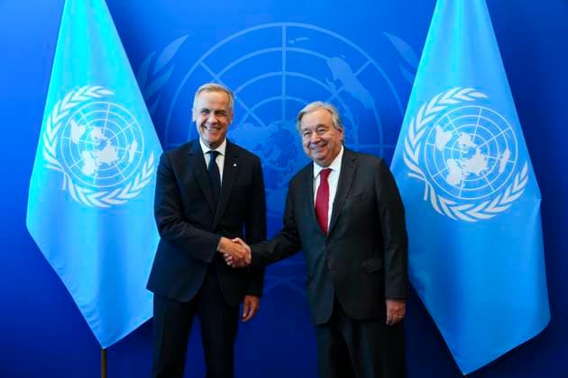 September 21, 2025, New York, New York, USA: Prime Minister Mark Carney meets with Antonio Guterres, Secretary General of the United Nations, in the Secretariat Building at United Nations Headquarters in New York on Sunday, Sept. 21, 2025. New York USA  - ZUMAc35_ 20250921_zaf_c35_001 Copyright: xSeanxKilpatrickx