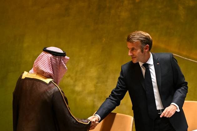 ANTHONY ALBANESE UNITED NATIONS, Predident of France Emmanuel Macron shakes hands with Saudi Foreign Minister Prince Faisal bin Farhan during the Two State Solution Conference, ahead of the 80th session of the United Nations General Assembly at UN headquarters in New York, United States, Monday, September 22, 2025. ( NO ARCHIVING New York New York United States  Copyright: xLukasxCochx 20250923191397529254