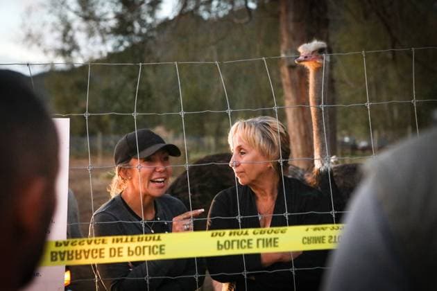 September 22, 2025, Edgewood, Bc, CANADA: Karen Espersen, right, the co-owner of Universal Ostrich Farms, speaks with supporters with her daughter, Katie Pasitney, at the farm in Edgewood, B.C., on Monday, Sept. 22, 2025, as the Canadian Food Agency prepares to cull 400 of the farmöÄÃ s ostriches this week. Edgewood CANADA - ZUMAc35_ 20250922_zaf_c35_131 Copyright: xAaronxHemensx