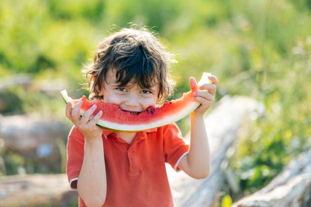 Child smiling outdoors eating watermelon on a sunny summer day model released, Symbolfoto, ANAF05002
