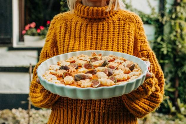 Pumpkin pie held in hands outdoors during autumn holiday near country house model released, Symbolfoto property released, VSNF04168