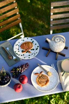 Apple puff pastry and tea on outdoor table in Altes Land garden, Hamburg Hamburg Deutschland Altes Land GISF01239